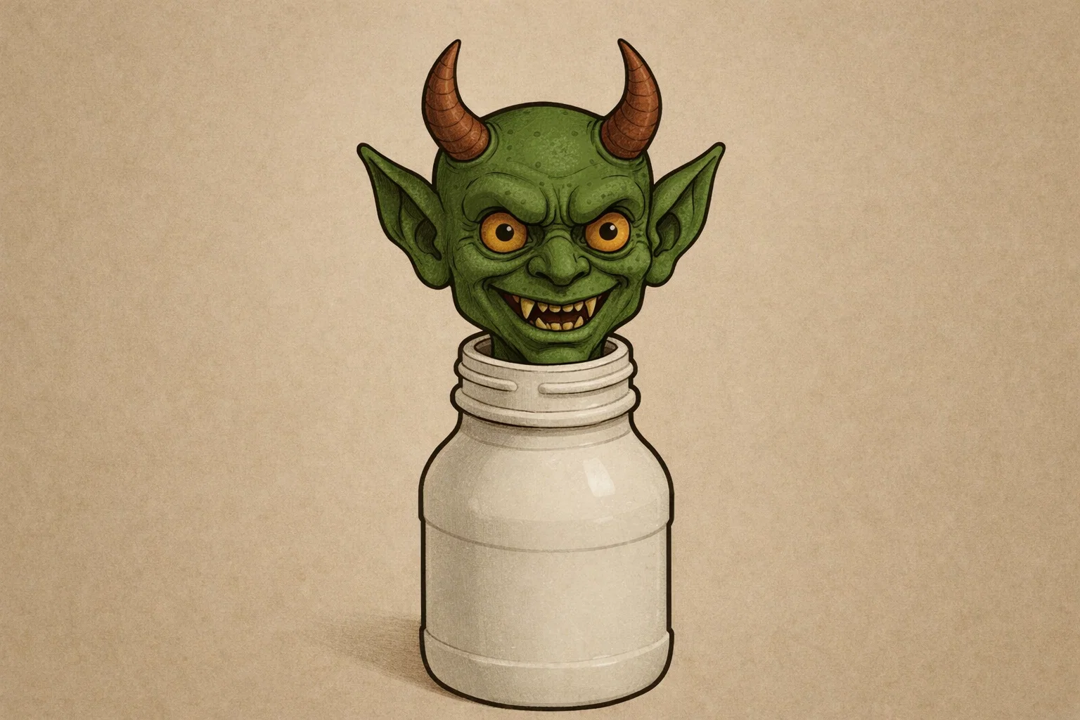 Garrafa de produto doméstico com uma cabeça de diabo saindo dela.