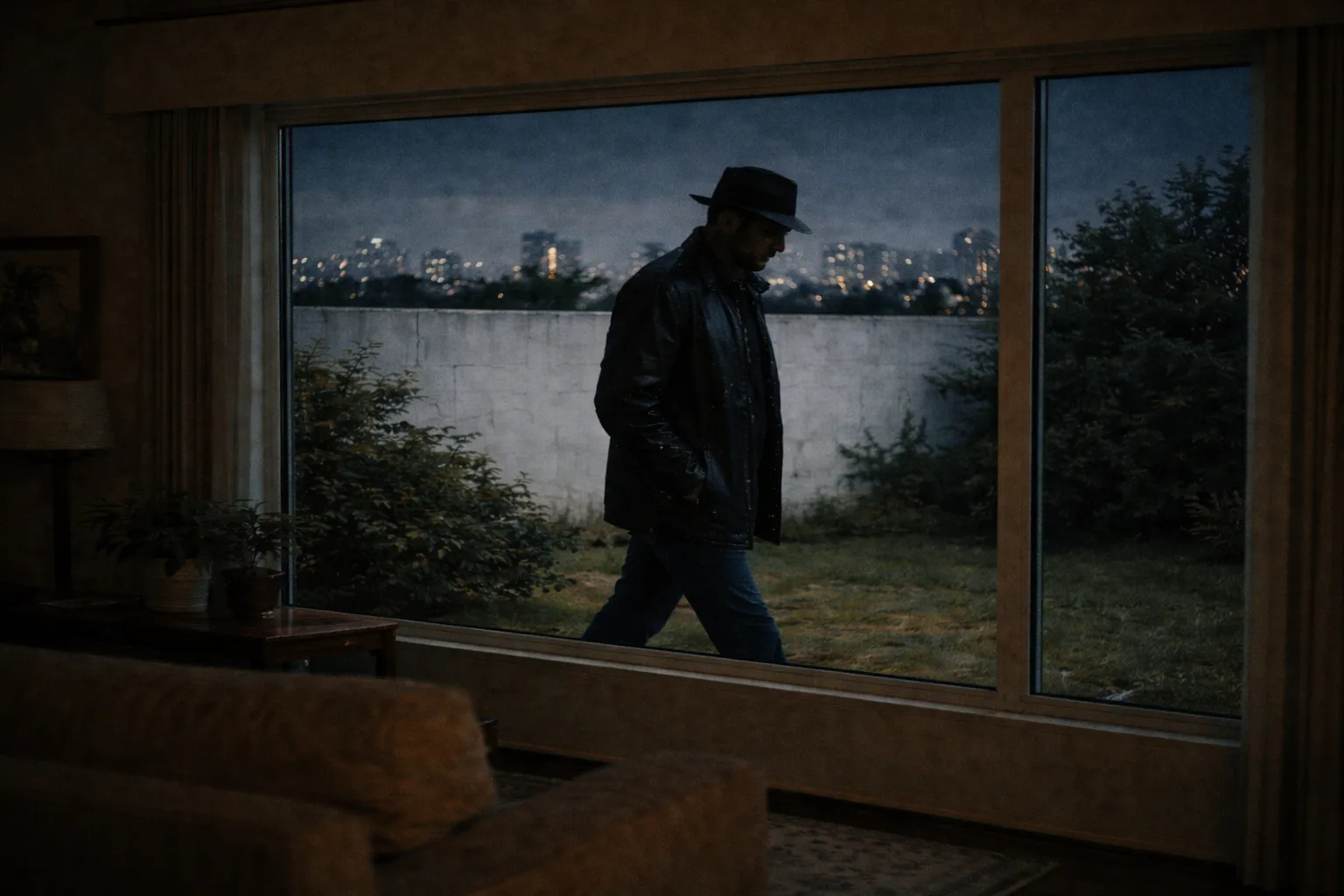 Um homem soturno andando no quintal.