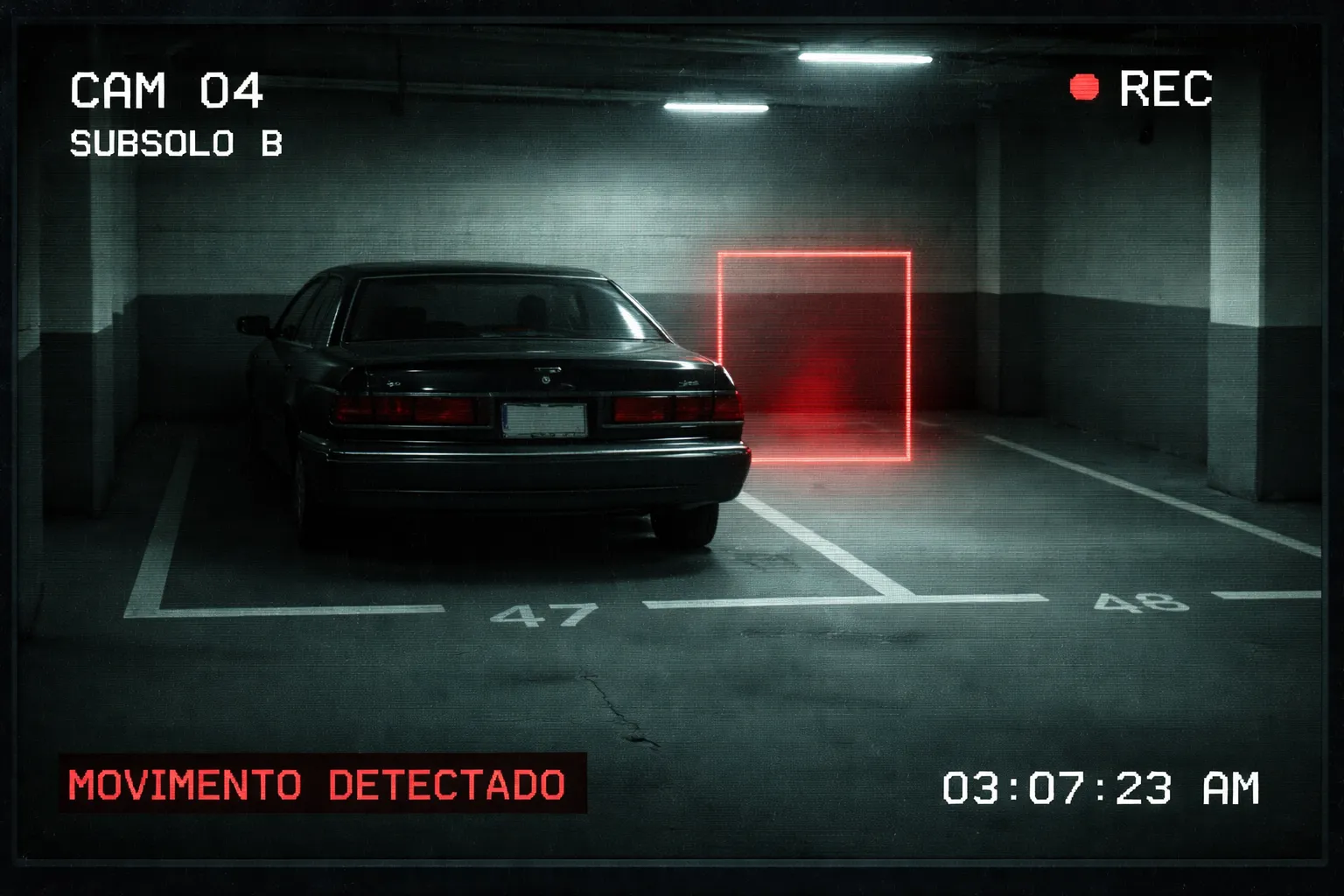 Imagem de câmera de segurança mostrando um sedan preto estacionado em um subsolo vazio durante a madrugada.